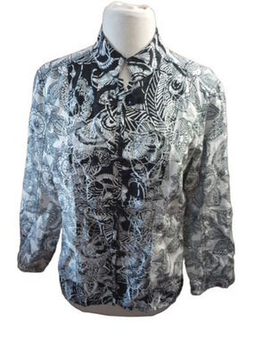 Chico's Silk Blazer Sz 1 Shiny Silver Black 3/4 Sleave Asian Embroidered Jacket